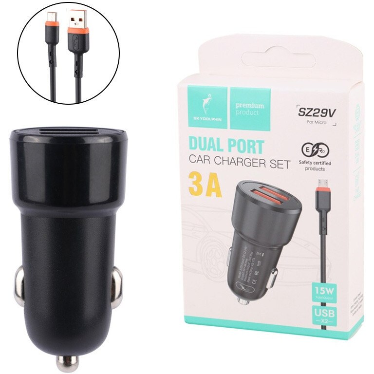 شارژر فندکی 15 وات اسکای دلفین SZ29 + کابل میکرو یو اس بی 3 آمپر